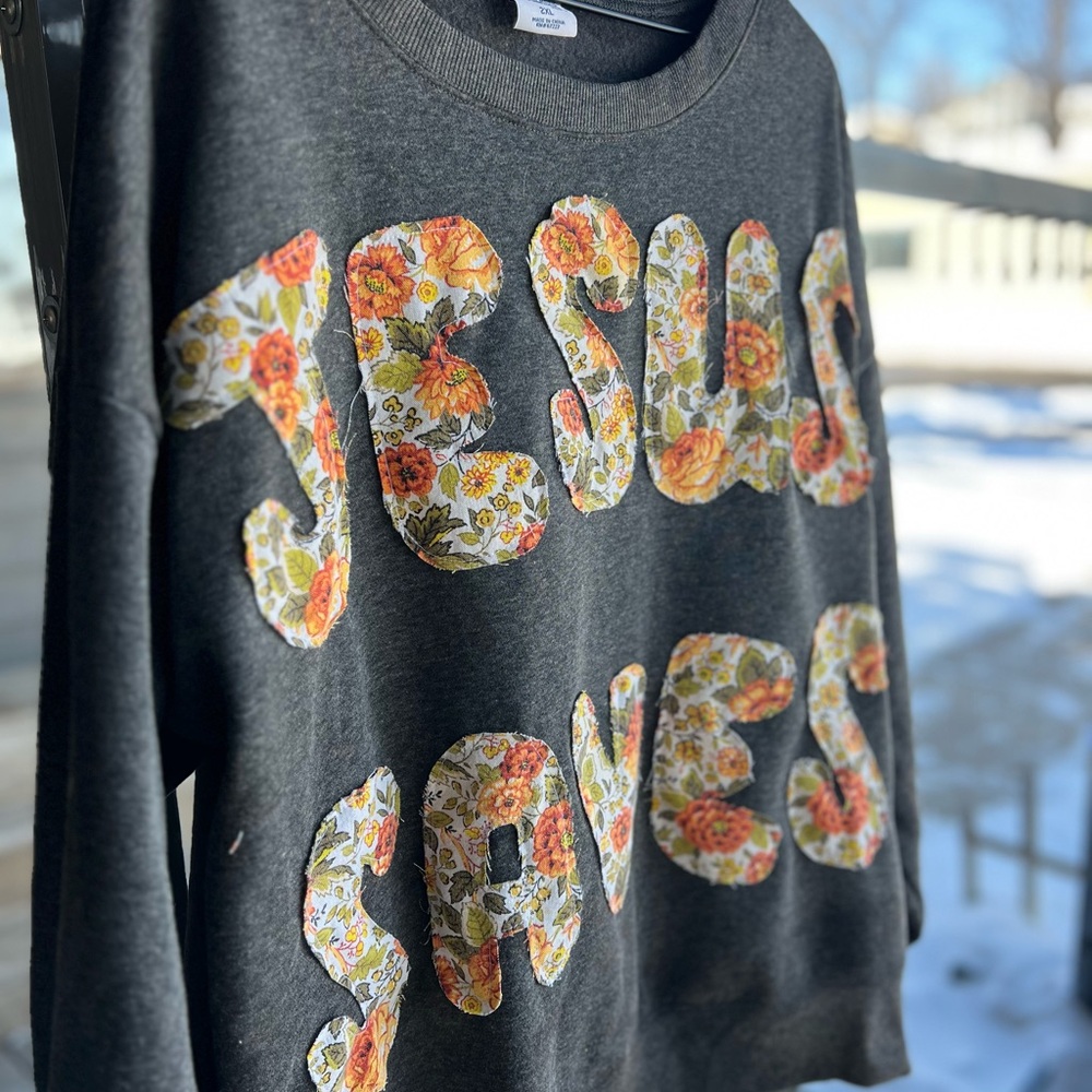 Jesus Saves Patchwork Crewneck Gray Letters Floral Orange Yellow - Picture 2 of 5